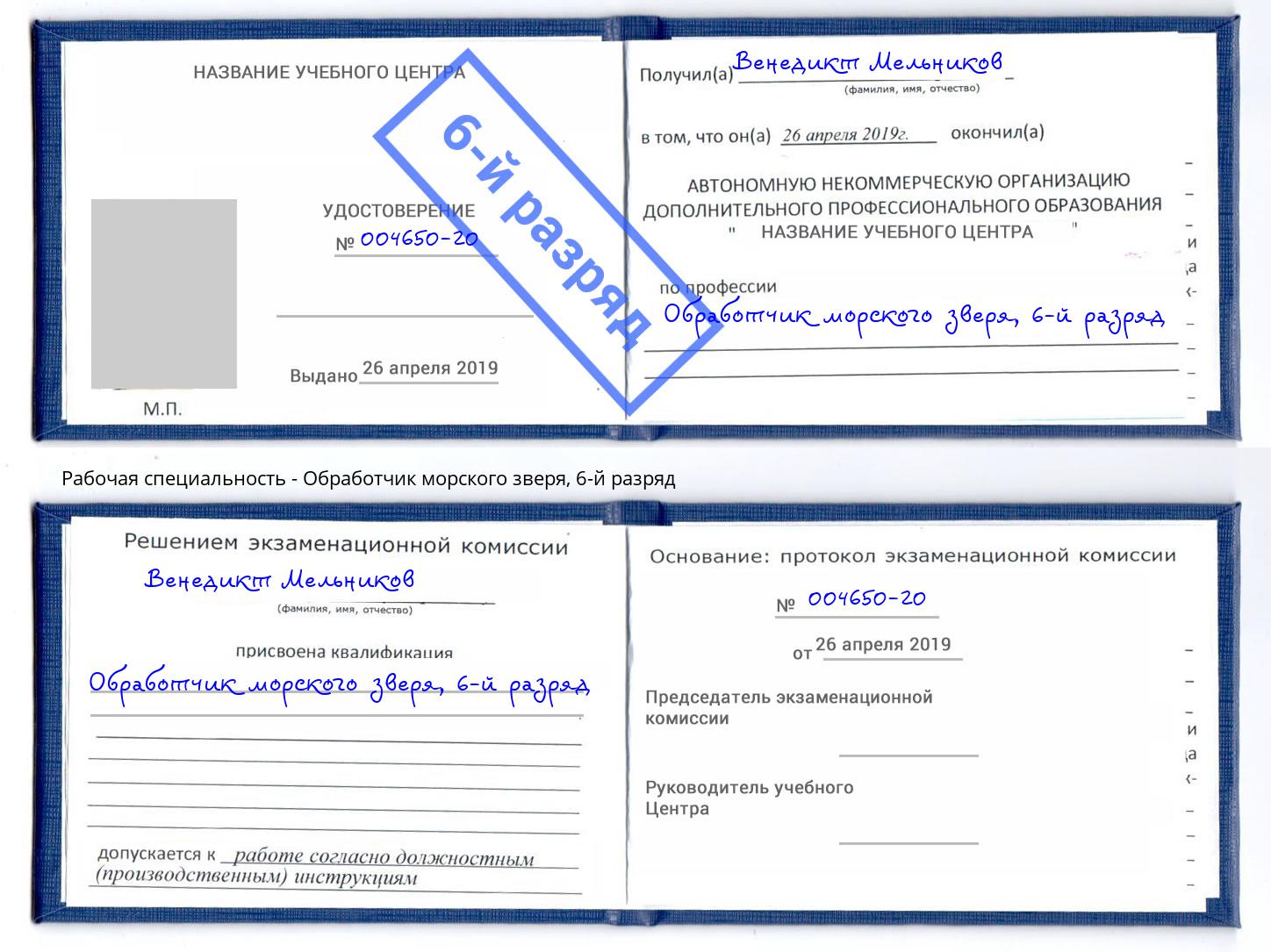 корочка 6-й разряд Обработчик морского зверя Белореченск